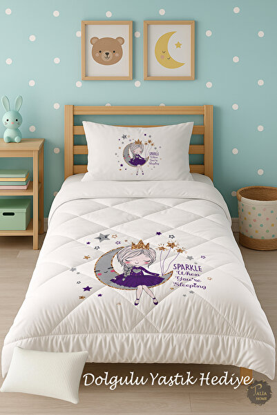 Talia Home Girl Sitting on the Moon Patterned Single Children's Quilt Sleeping Set Tlag-059
