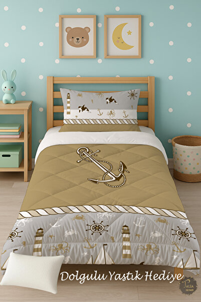 Talia Home Brown Anchor Patterned Single Children's Quilt Sleeping Set Tlag-015