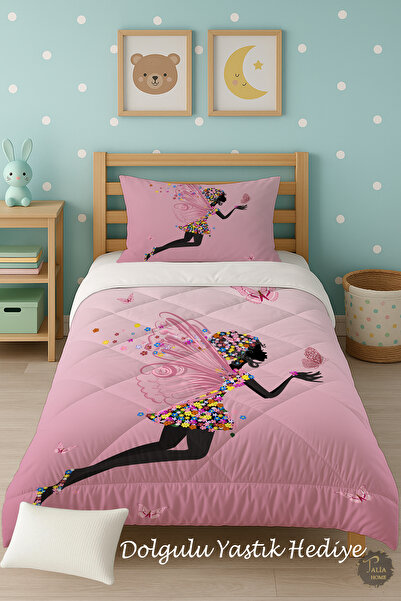Talia Home Pink Butterfly Patterned Single Children's Quilt Sleeping Set Tlag-063