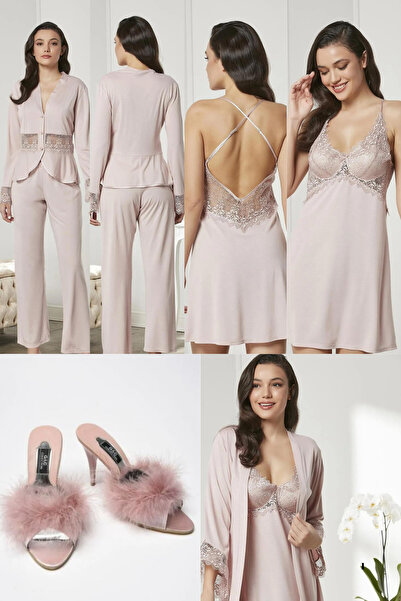 Mavelle Penye Pudra 6'lı Gelin Çeyiz Seti Terlik Hediyeli Gecelik&Sabahlık&Pijama Takımı& Şortlu Takım