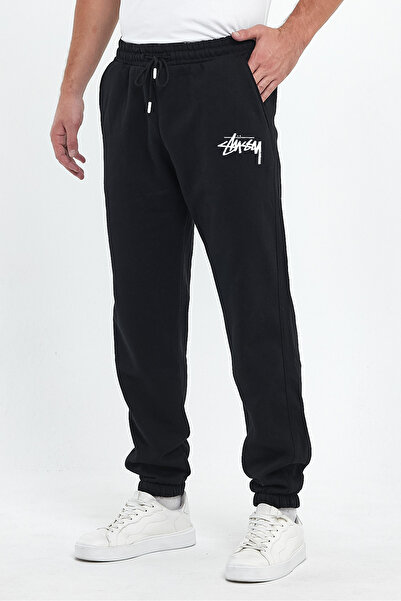 THE RULE Stüssy Printed Regular Winter 3 Thread Ribbed Black Jogger Sweatpants with Elastic Waist and Cuffs