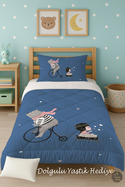 Talia Home Bicycle Teddy Bear Patterned Single Children's Quilt Sleeping Set Tlag-183