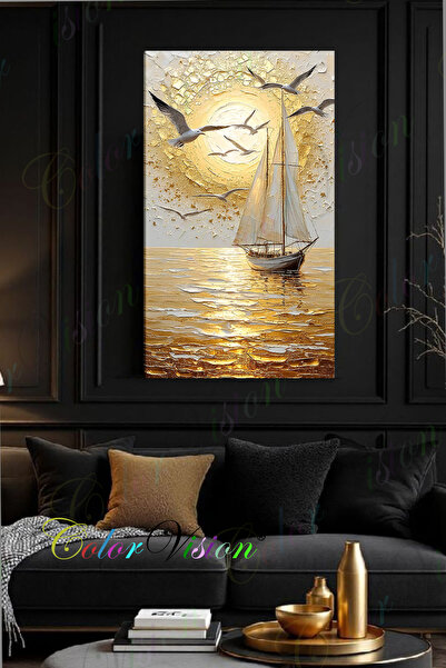 ColorVision Gold Yelkenki ve Martılar Kanvas Tablo