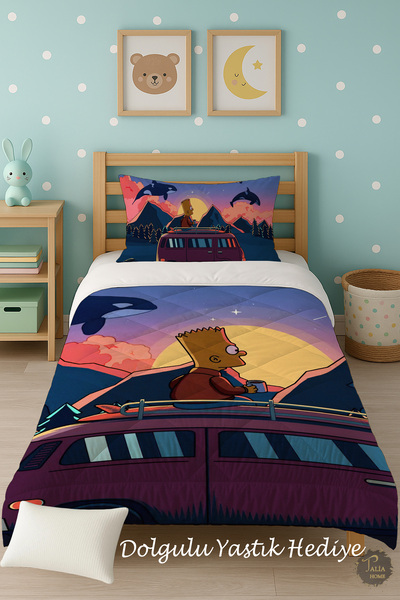 Talia Home Simpson Car Patterned Single Children's Quilt Sleeping Set Tlag-277