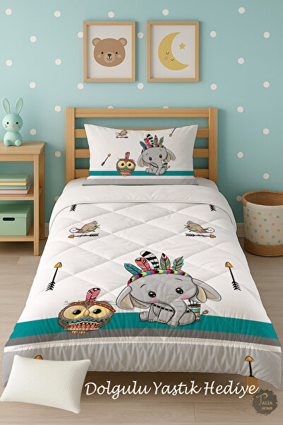 Talia Home Owl and Elephant Patterned Single Children's Quilt Sleeping Set Tlag-125