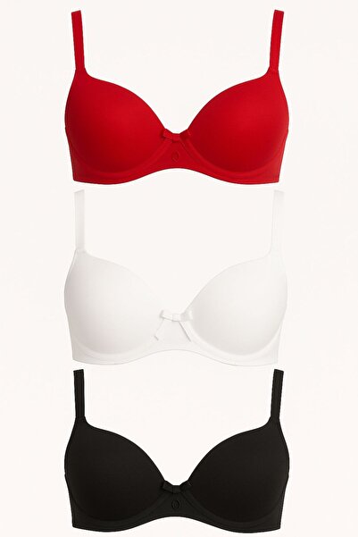 MAVİ QUMSAL Σετ 3 τεμαχίων σουτιέν με ενίσχυση και φιόγκο, Κόκκινο, Μαύρο, Λε...