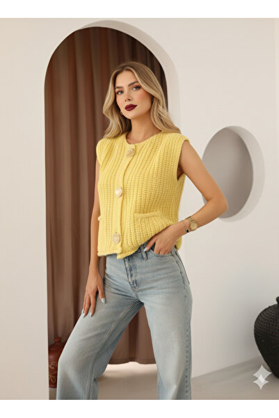 Nivora Style Bisiklet Yaka Yumuşak Dokulu Cepli Düğmeli Triko Yelek