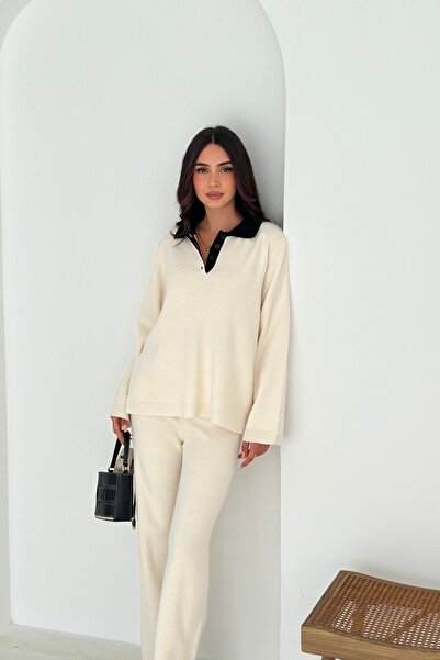 Noi Belis Basic Polo Neck Half Placket Buttoned Knitwear Bottom-Top Set Aw25Au0013