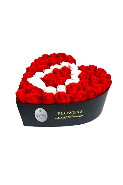 velve Personalized Floral Arrangement with Letter D Black Heart Box with 49 Soap Roses