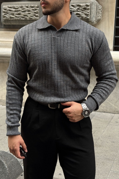 Livio Ferri Kimi Ribbed Men's Knitwear Polo Neck Regular Fit Long Sleeve T-Shirt