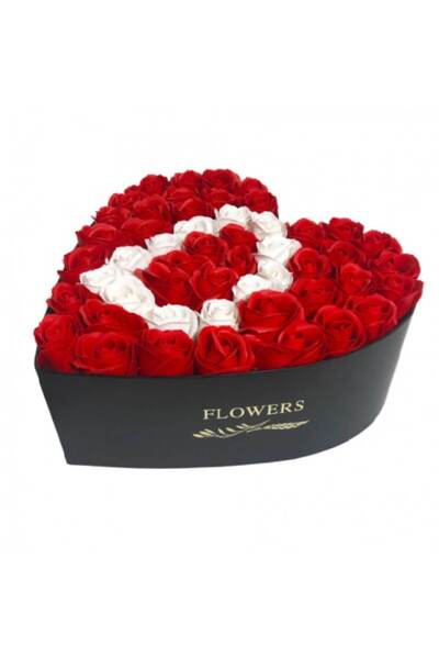 velve Personalized Floral Arrangement with Letter D Black Heart Box with 49 Soap Roses