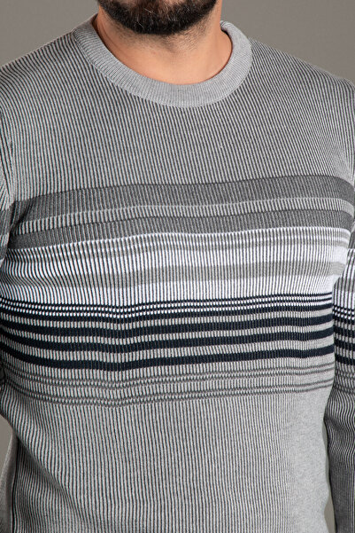 ZEKİ ÖZER Men's Gray Striped Ribbed O-Neck Knitwear