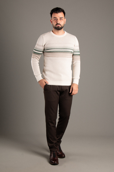 ZEKİ ÖZER Men's Cream Striped Ribbed O-Neck Knitwear