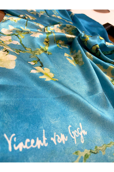 Moda Nûda-Tarzın Değil Tavrın Zarafeti Van Gogh Blossoming Almond Tree Art Silk Shawl Turquoise