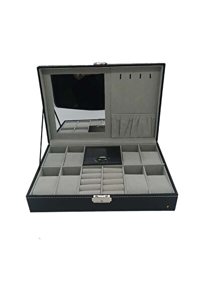 velve Watch and accessory case with mirror, made of genuine leather, black, Black