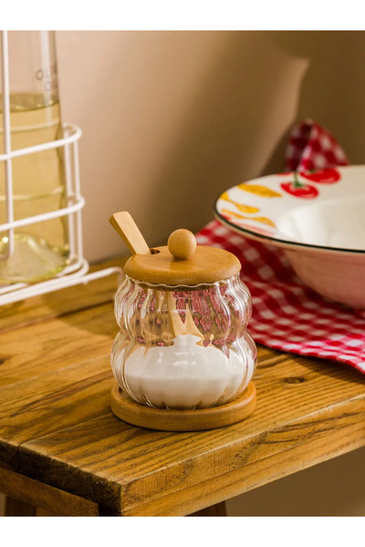 LC Waikiki Lcw Home Colorless Glass Storage Container with Wooden Lid 300 ml