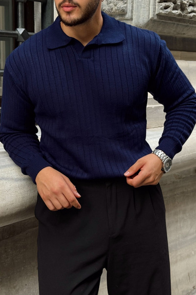 Livio Ferri Kimi Ribbed Men's Knitwear Polo Neck Regular Fit Long Sleeve T-Shirt