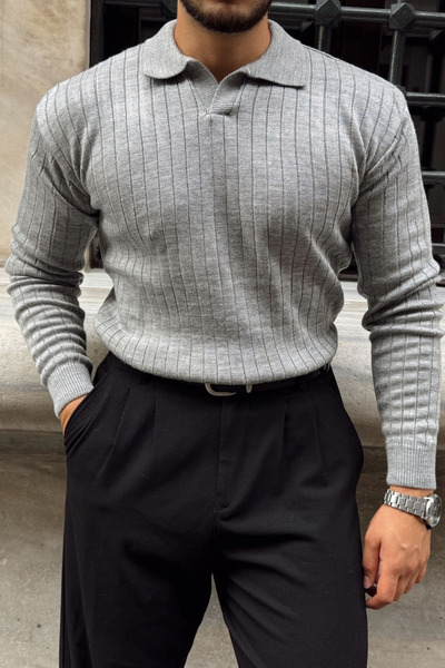 Livio Ferri Kimi Ribbed Men's Knitwear Polo Neck Regular Fit Long Sleeve T-Shirt
