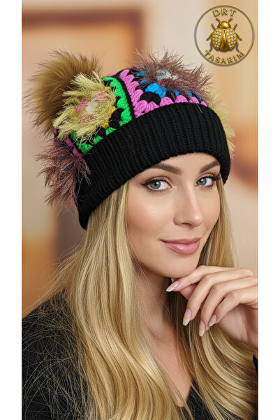 drt tasarım Fur Detailed Pompom Beanie