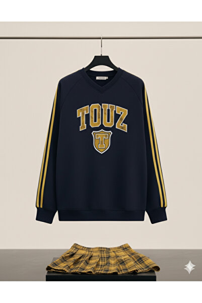 Touz Moda Світшот з V-подібним вирізом і жовтими смужками, з принтом Touz