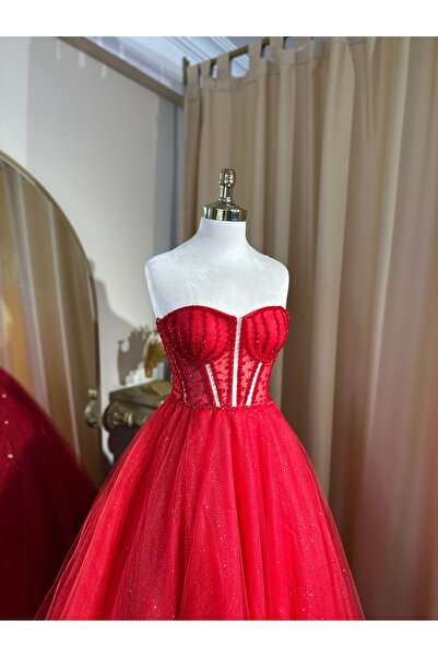 MODA Kırmızı Kına-Nişan Elbisesi-Işıltılı Etek-Kristal İşlemeli Beden