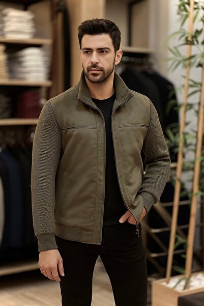 SAVARA Knitted Sleeves Thick Khaki Green Color Steel Knitted Style Nubuck Suede Fabric Regular Fit Men's Coat