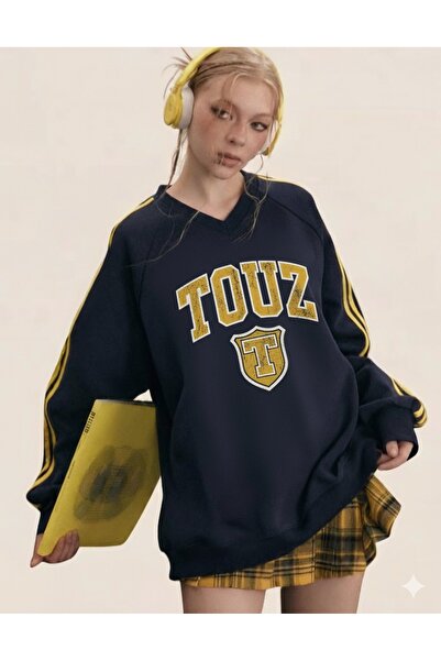 Touz Moda Світшот з V-подібним вирізом і жовтими смужками, з принтом Touz