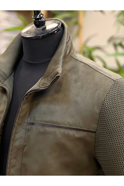 SAVARA Knitted Sleeves Thick Khaki Green Color Steel Knitted Style Nubuck Suede Fabric Regular Fit Men's Coat