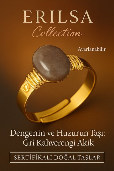 Erilsa خاتم من حجر العقيق الطبيعي باللون الرمادي والبني المعتمد - علبة سميكة ...