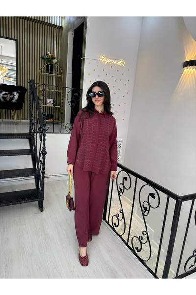 Butik Bordo taşlı gömlek beli lastikli cepli pantolon ikili takım
