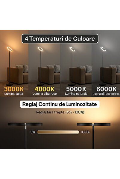 TnsAround Lampa de Podea Premium LED TNS®, Lumina Reglabila, Picior Inalt 170cm, Control Tactil si Telecomanda