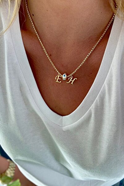 Trendy Butik Two-Letter White Evil Eye Enamel Necklace (Specify the Letter)