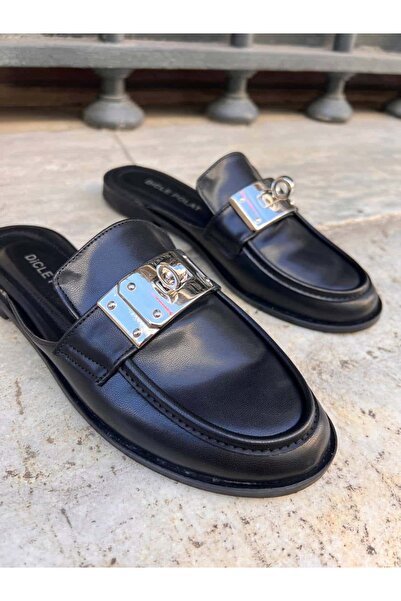 diclepolat Women's Black Metal Buckle Closed Toe Mule Loafer Slippers