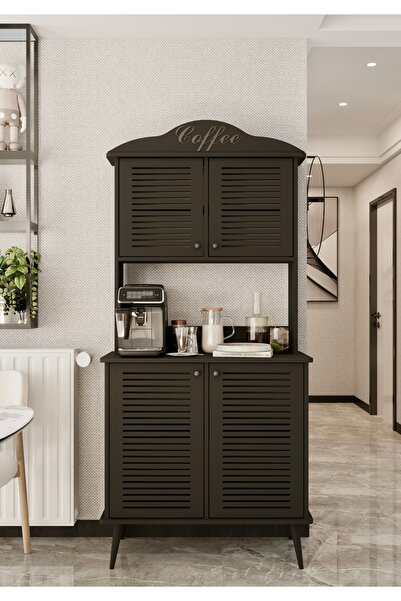enwood Avior kahve köşesi siyah MDF kapaklı raflı 90 cm