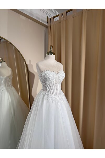 MODA Helen Gelinlik-V Korsajlı-3D çiçekli ve İncili-Zarif Gelinlik