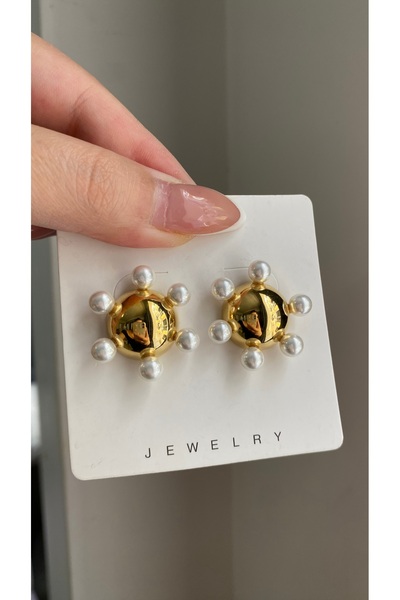 luxyansımalar Pearl Detailed Steel Gold Earrings