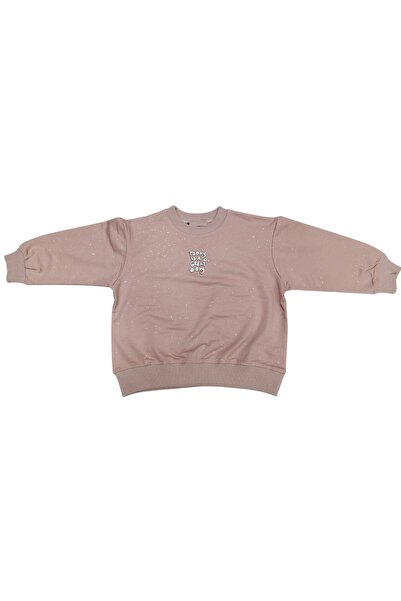 İrem Çocuk Giyim Girl's Today Written Self-Glittering Dark Powder Color Sweatshirt
