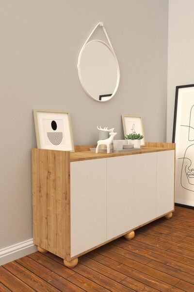 B3 Concept Nort Serisi Özel Tasarım 4 Kapaklı Konsol Çok Amaçlı 1. Kalite Konsol Dolap Safir Meşe Beyaz