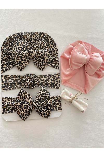 MASALBABY Kız Bebek Fiyonklu Bone Bandana 3 Lü Set & Şeker Pembe Kadife Bone ...