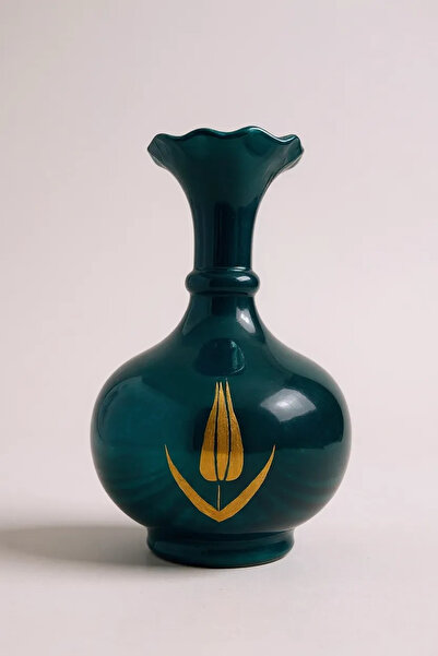 STORESZA El Yapımı 30 cm Altın Yaldızlı Turkuaz Kütahya Çini Marul Vazo