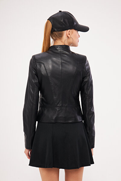 MEECY Women's Black Genuine Leather Jacket