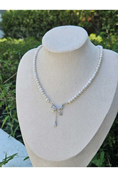 İNCİORA JEWELRY Gerçek Doğal İnci 925 Ayar Gümüş Fiyonk Kolye