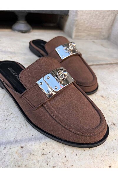 diclepolat Women's Brown Suede Metal Buckle Closed Toe Mule Loafer Slippers