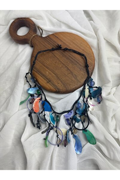 SEDEF TAKI Lacivert halkalı el yapımı bohem sedefli kolye