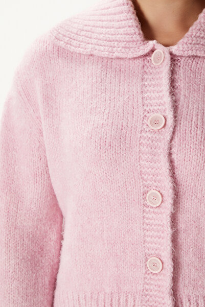 Ritnice Kadın Lean Yumuşak Doku Polo Yaka Pembe Basic Triko Hırka HI00179