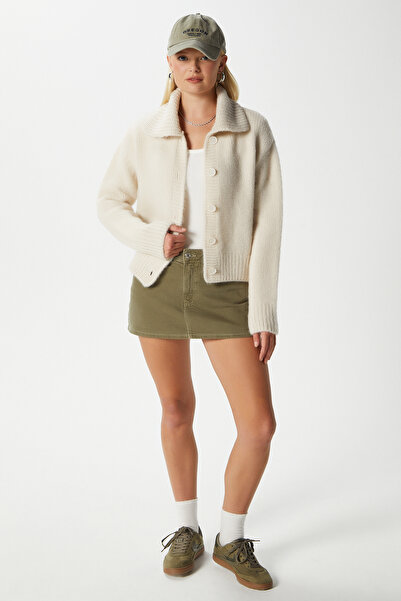 Ritnice Women's Lean Soft Texture Polo Neck Stone Basic Knitwear Cardigan Hi00179