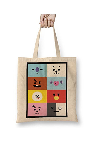 Toyaso Bts Bt21 Біла тканинна сумка з довгими ручками Сумка для покупок Сумка для пляжу