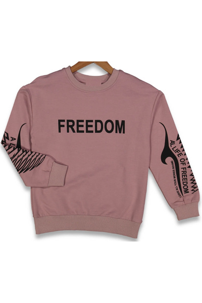 İrem Çocuk Giyim Girl's Pink Oversize Sweatshirt with Freedom Written on the Front Sleeves