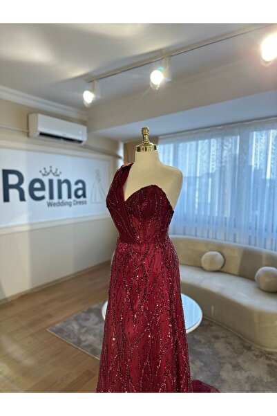 MODA Bordo Abiye-Nişan-Kına-Abiye-Dantelli-Işıltılı