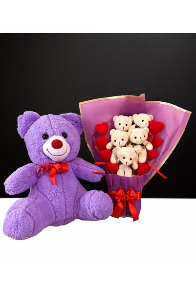 Linalux Gifts Gift for a Girlfriend 35cm Purple Teddy Bear and Bouquet of Teddy Bears with Lots of Hearts Romantic Gift Special for Your Loved One